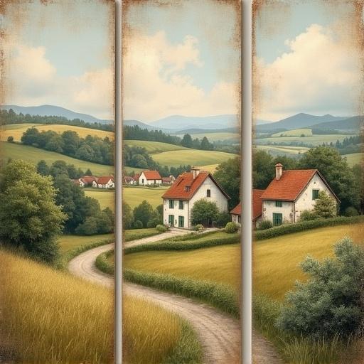 Vintage Greece oil painting triptych featuring rustic farmhouse landscapes. Rolling hills and quaint village cottages are depicted. Each panel has a weathered look with soft, earthy tones. Brushstrokes are visible, imitating traditional oil techniques. The mood is serene and timeless, suitable for decor. Displayed as digital mockup on a clean background.