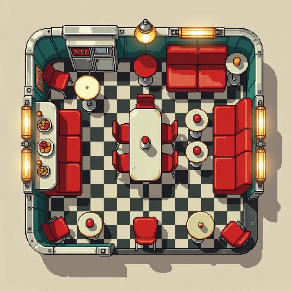 Top down view of a vintage 1920s diner interior. Features checkered floor. Includes central table surrounded by chairs and booths. Warm lighting with overhead fixtures. Red furniture with white table surfaces.