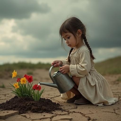 A young girl in a vintage-style dress crouches on cracked soil under a stormy sky. She holds a metal watering can, pouring water on vibrant flowers. The scene reflects hope and resilience against a desolate backdrop.