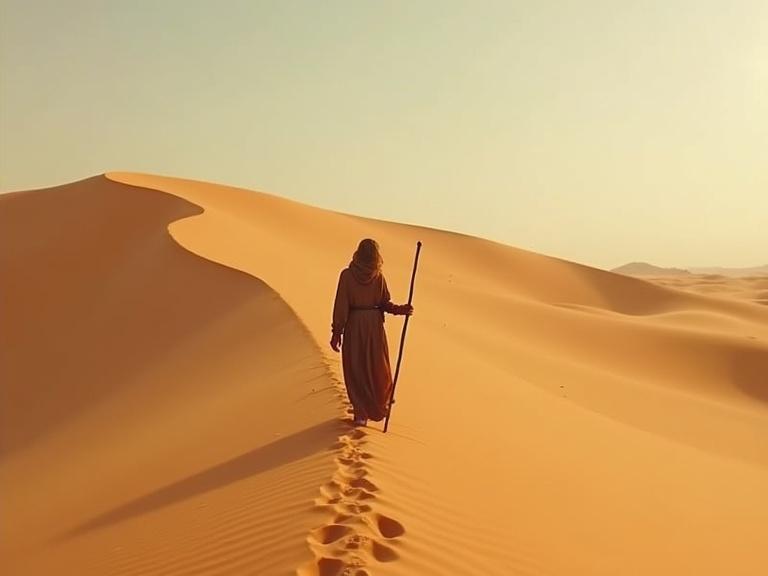 Ancient figure walking through expansive desert terrain carrying a stick. Warm colors depict sand dunes and a sense of solitude. The scene evokes a sense of exploration and spirituality.