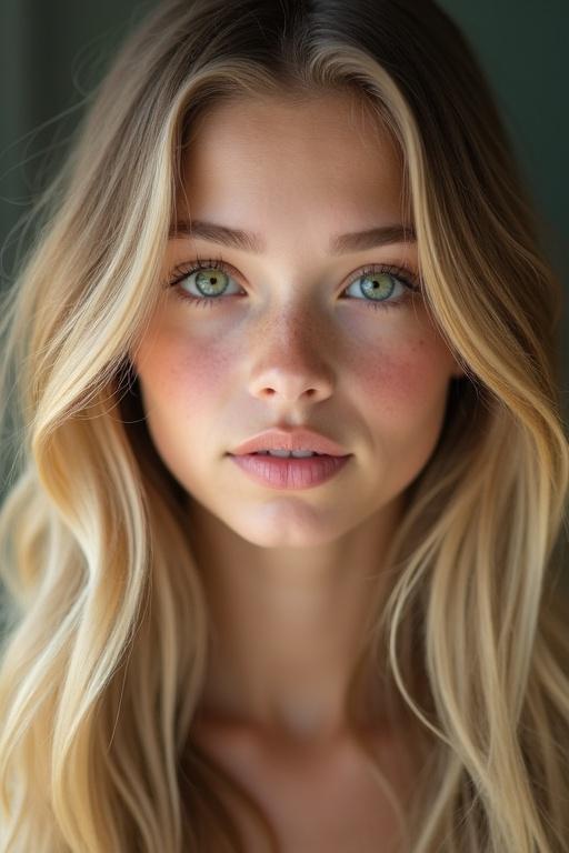 Close-up portrait of a beautiful 20-year-old girl. She has long blondish hair. Soft lighting enhances her natural beauty. Captivating green eyes reflect warmth and charm. The focus is on her hair and expression.