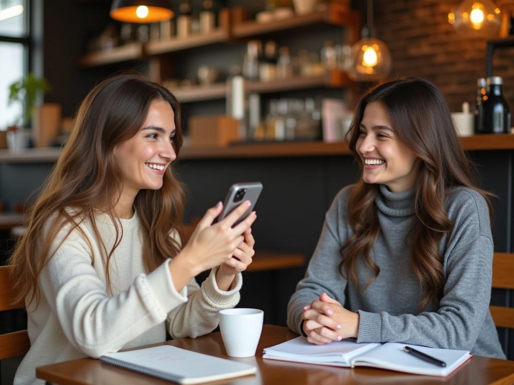 A young woman is sitting at a wooden table in a cozy café. She has long hair and is wearing a soft, cream-colored sweater. She is focused on her smartphone, capturing a photo of her friend who is sitting at the same table, smiling. The second woman, dressed in a gray turtleneck, is holding a cup of coffee and chatting casually. On the table, there are notebooks and a pen, indicating they might be working on something together. The ambiance of the café is warm and inviting, with soft lighting and a relaxed atmosphere.