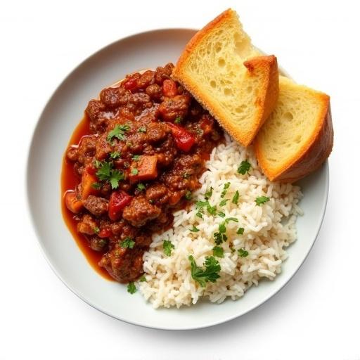 Bird's eye view image of a plate featuring beef chili con carne accompanied by white rice and garlic bread on a blank white background.
