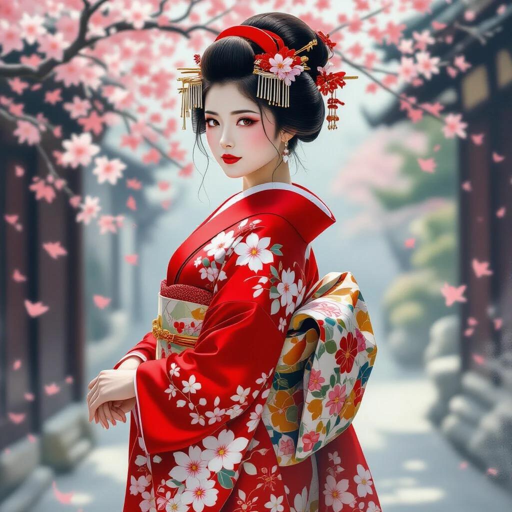 Oil painting of a girl in a traditional Japanese geisha outfit. Red kimono with floral pattern. White tabi socks. Looking over shoulder with a calm expression. Focused yet peaceful gaze. Flawless makeup and refined hairstyle. Arms gently at sides. Hand touching the obi. Flowing fabric. Dark background with soft natural lighting.