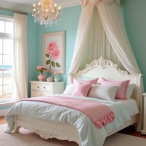 Light pink and white shabby chic bedroom with cream accents. Crystal chandelier hangs from ceiling. Light pink roses in vase on nightstand. White Rococo canopy bed is dressed in light aqua comforter and pillows. Pink rose painting framed in white Rococo style on wall. Aqua walls complete the look. Beach view visible through window.