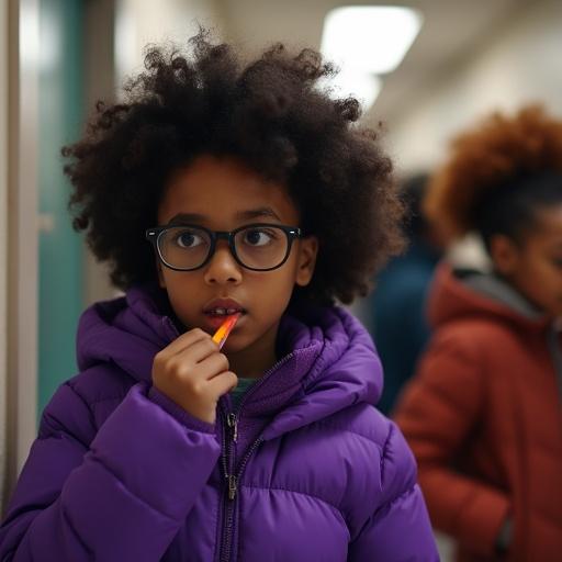 Portrayal of a girl with curly black hair wearing glasses in a purple puffer jacket. A 20 year old girl biting on a pencil looks serious. This scene is in a college hallway with friends around her. Another friend is a dark-skinned girl with red hair. The focus is on youth and friendship within an educational environment.