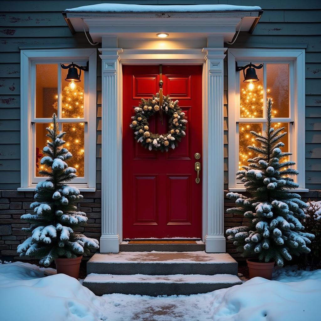 House with red front door and wreath. Snow covers the ground. Two decorated pine trees stand beside the entrance. Lights shining from windows. Christmas theme is prominent.