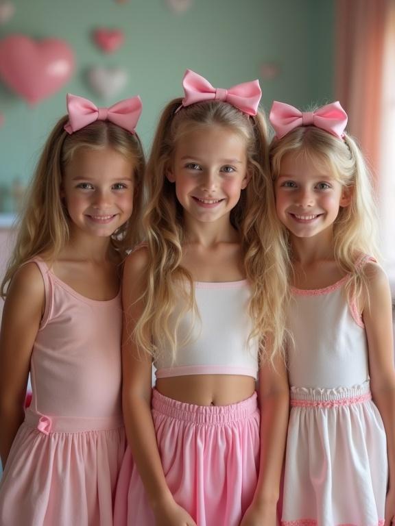 Three girls at a birthday party. They are young with long blonde hair in twin tails. They wear pink bows and skirts, smiling in a living room decorated with pastel colors and heart shapes.