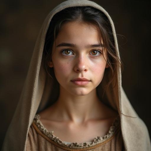 Close-up portrait of a young woman from a medieval town. She has fair skin and warm brown eyes. Dark brown hair is tucked under a linen coif. Dressed modestly in earthy toned attire. Expression is soft and gentle. Background is clean and blurred. Image is highly detailed with studio lighting.