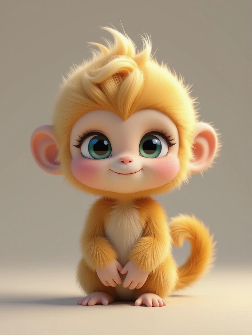 A golden fluffy short-haired monkey character with a cute round face. Large anime-style eyes with blue-green gradient. Miniature nose with soft shadows. Soft skin texture with subsurface scattering. High-quality cinematic rendering in 8K resolution. Designed in Pixar style.
