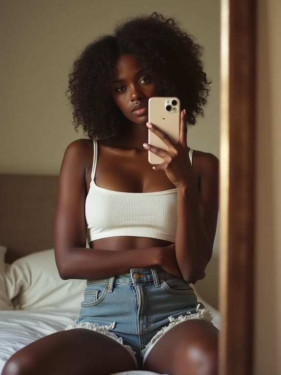 Photorealistic iPhone mirror selfie of a dark-skinned woman sitting on a bed in a casual bedroom. She wears a tight white crop top and denim shorts. She holds an iPhone casually, looks confident at the camera. Full body visible in mirror, styled like a real selfie. Room appears slightly untidy and natural.