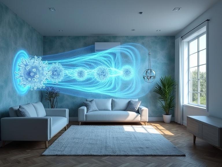 HVAC system visualizing pathogen-neutralizing ionic wind flow through room. Modern living room with blue graphics on the wall. Bright natural light.