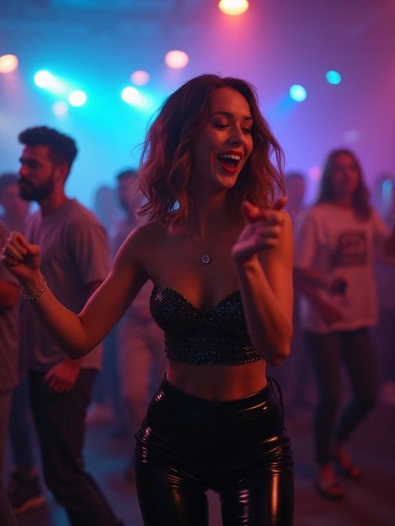 Capture lively energetic party scene featuring woman dancing in nightclub. Bright stage lights create vibrant atmosphere. Woman wears sparkly black top and shiny pants. Her movements express joy and engagement. Surrounded by a casual crowd enjoying the event. Focus on lighting and festive mood.
