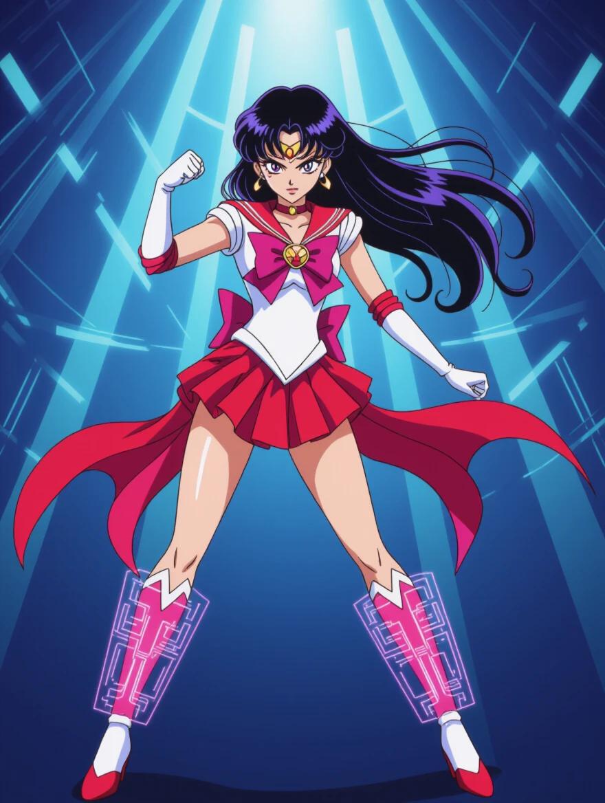Sailor Mars stands defiantly in a dynamic fighting stance. One fist is clenched while the other points forward. She wears a high-tech version of her red-and-white sailor uniform. The background is filled with post-apocalyptic Brazilian favelas and intense flames surround her.