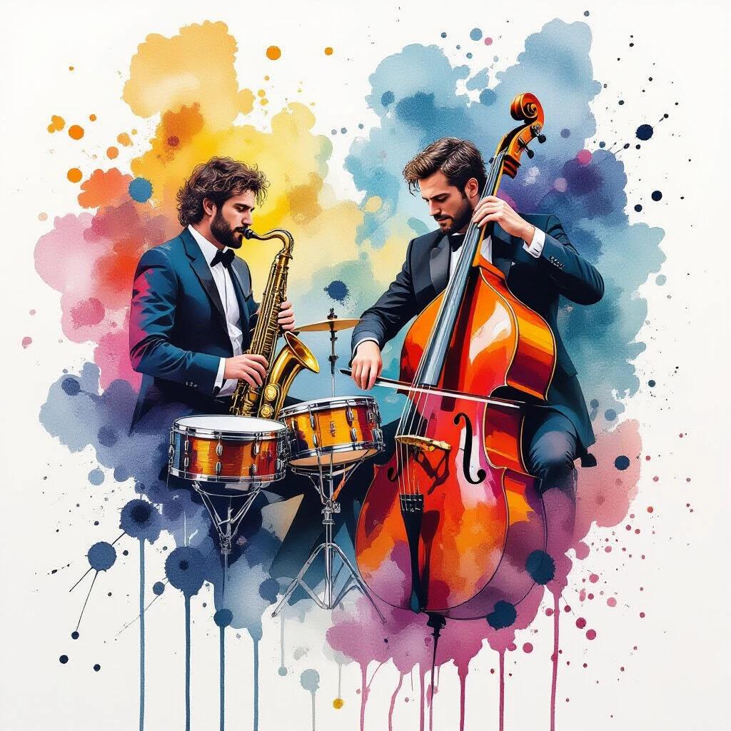 Jazz improvisation. Rhythmic ink splatters and flowing drips. Musical beats expressed through ink droplets. Syncopated rhythms via splatter placement. Fluid ink movements following musical phrasing. Contemporary sound visualization using traditional ink medium. Masterpiece musical abstraction. Gallery-worthy synesthetic art.