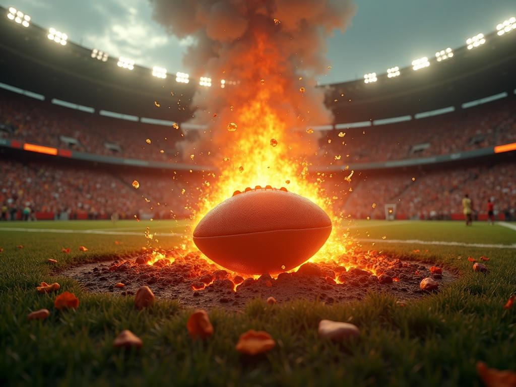A cinematic scene with a glowing football erupting from the ground in a packed stadium. The eruption creates dramatic cracks in the turf and emits orange volcanic light. Smoke and ash rise into the air amidst cheering fans. A wide low angle perspective heightens the intensity of the moment.
