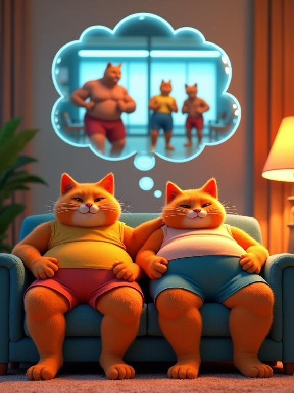 Pixar 3D animation featuring two obese orange cats in colorful gym clothes relaxing on a sofa. Thought bubble shows their fit selves working out in a bright gym. Soft lighting contrasts with vibrant gym scene. Expressive and humorous render.