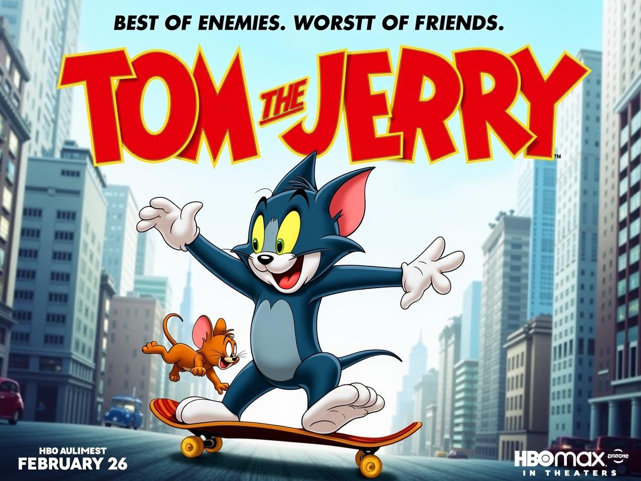 The image is a movie poster for a film titled 'Tom & Jerry.' The poster features the iconic cartoon characters Tom, a cat, and Jerry, a mouse. Tom is shown joyfully riding a skateboard, with Jerry precariously perched on the back. The backdrop includes a bustling city scene with tall buildings, including the famous skyline of New York. The text prominently displays 'BEST OF ENEMIES. WORST OF FRIENDS.' at the top. The release date is noted as February 26, and it indicates the film is available in theaters and HBO Max. The overall tone conveys a playful and comedic vibe, typical of the beloved franchise.