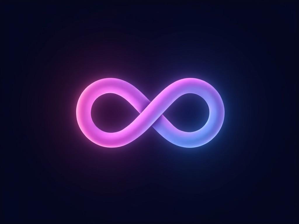 The image depicts a glowing infinity symbol, designed with a smooth transition from purple to blue gradients. The background is dark, enhancing the luminosity and visual impact of the symbol. The infinity shape represents eternity and endless possibilities. The glowing effect gives it a modern and digital aesthetic. This design can be used in various contexts such as branding or digital art.