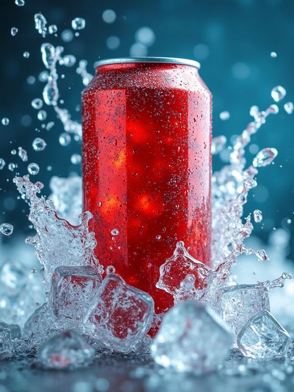Close-up view of a cold drink can surrounded by ice cubes. Water splashes are visible around the can. Vibrant background and dynamic lighting create a high contrast effect. The can is positioned in the center with a vertical layout that enhances product prominence.