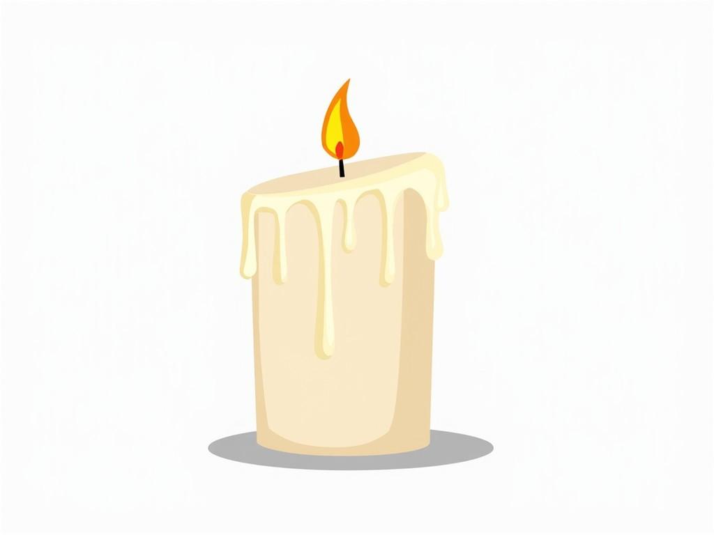 The image features a burning candle with a soft, creamy color. The wax is melting and dripping down the sides, creating a gentle, soothing appearance. At the top, there's a small flame flickering, bringing warmth to the visual. The overall aesthetic is simple and calming, perfect for evoking feelings of peace and relaxation. The background is plain, which accentuates the candle as the main focus.