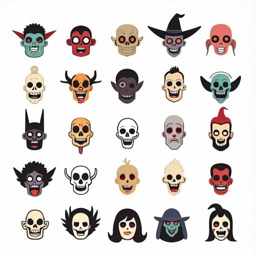 Create a minimalist cartoon icon featuring unique horror-themed heads arranged in a 5x5 grid. Each head represents a different spooky character. Focus only on heads with exaggerated features in cartoon style. Use a spooky yet vibrant color palette. Background is clean white to make heads pop. Each head icon is uniformly sized.