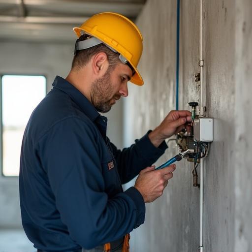 Electrician installs wireless connection at construction site. Tools in use include a wrench. Bright and organized workspace with clear focus on electrical equipment.