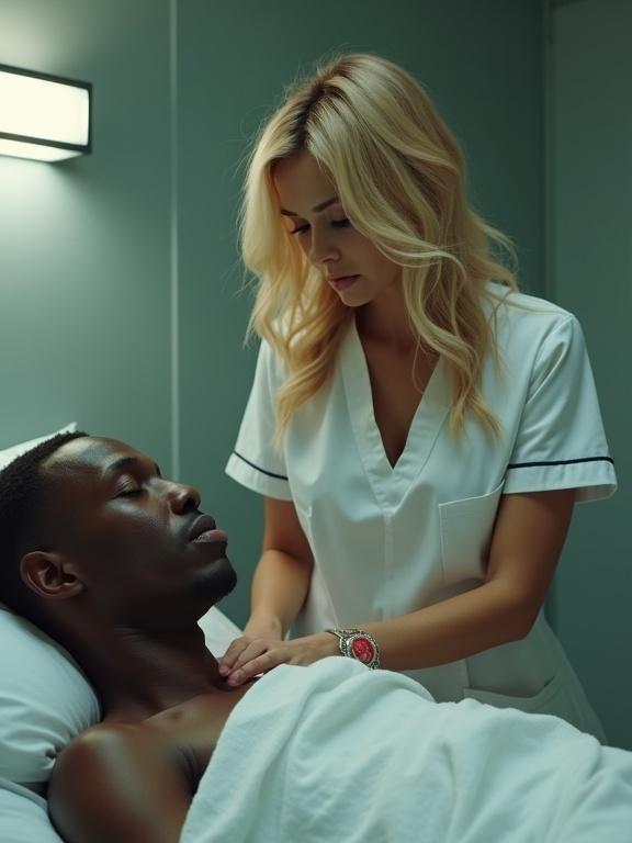 Nurse attending to a shirtless patient in a medical setting. Woman has blonde hair and wears white nurse uniform. The patient is lying on a bed looking relaxed. The image captures a compassionate moment. Background is cool-toned. Lighting is soft.