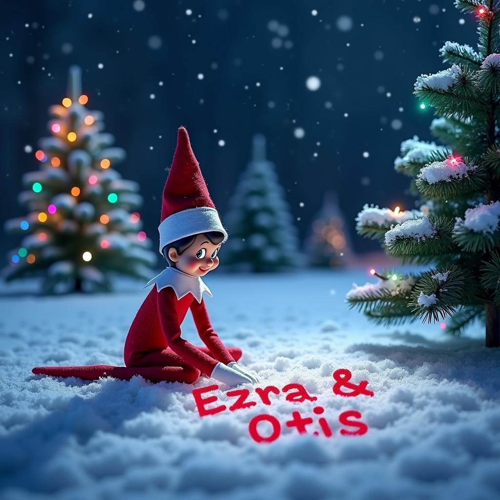 The image features a charming elf character reminiscent of the Elf on the Shelf. It is set in a serene snowy landscape under the night sky. The elf is happily writing the names 'Ezra & Otis' into the soft snow. Surrounding this playful scene are beautifully lit Christmas trees, creating a festive ambiance. Snow gently falls around, enhancing the magical winter atmosphere. The combination of colors and the presence of the elf evokes the joy of holiday traditions.