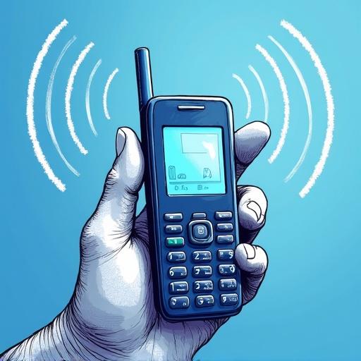 Illustration of a Siemens phone held in a hand. Phone shows signal reception. Radio wave signals illustrated in blue color.