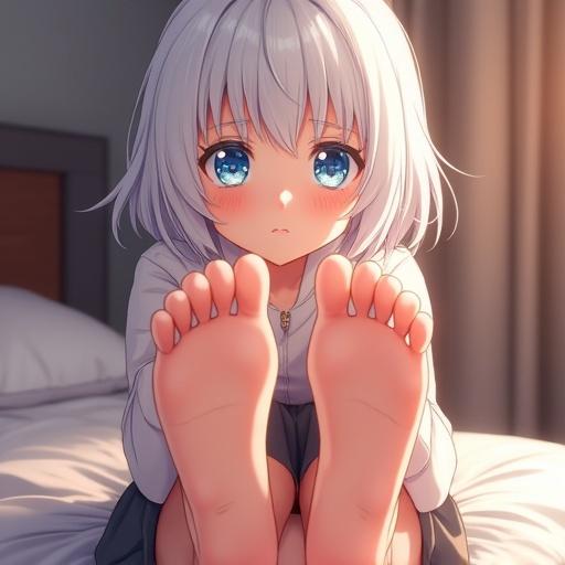 3D anime character illustration with focus on feet. Character has white hair and blue eyes. Sitting on a bed with feet facing the camera. Warm cinematic lighting enhances the scene. Character is in a relaxed position. Sweat indicates a warm environment.