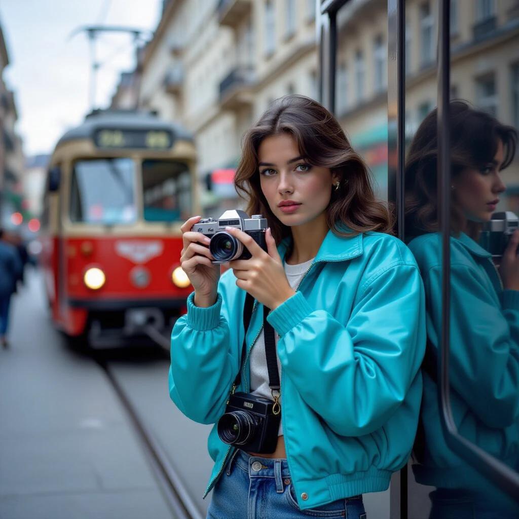 Street photography snapshot showcasing a young woman taking pictures in Bucharest in 1985. She wears acid-wash jeans and a turquoise windbreaker. A Zenit EM camera is in her hands. The background features a blurred tram with neon reflections on the rain-slicked asphalt. The scene captures a vintage aesthetic with cloudy skies.
