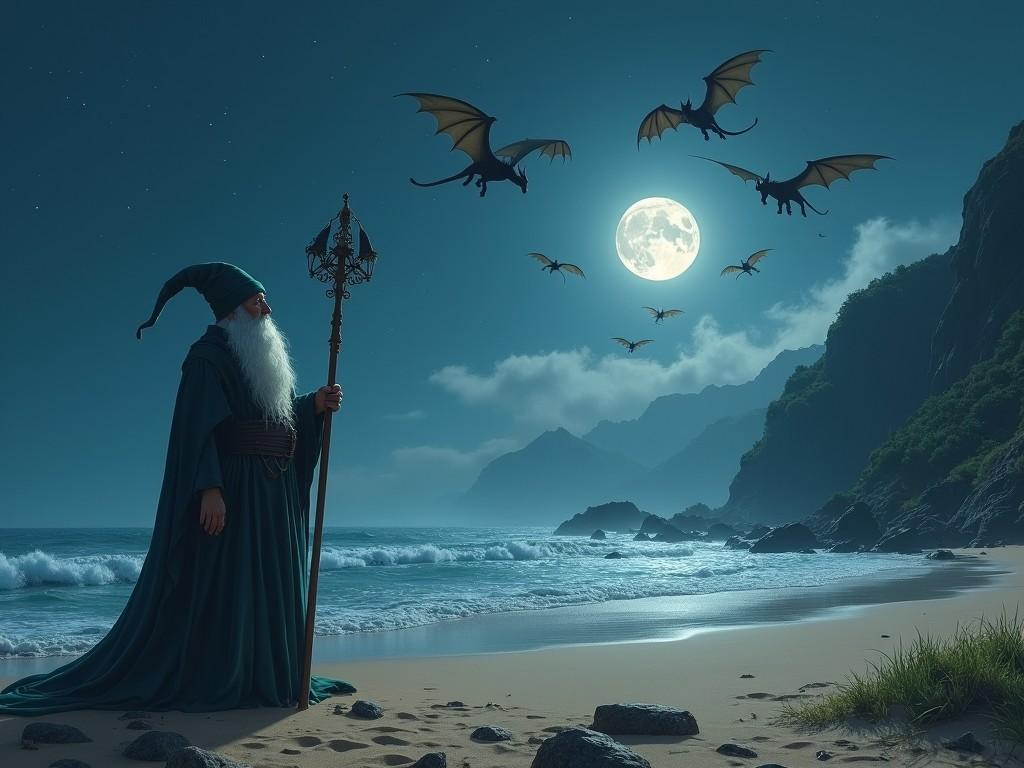 A wizard stands on a beach, gazing at the moonlit sky. He wears a long, dark green robe and holds a staff. Around him, several dragons fly in the night sky. The ocean waves crash gently on the shore, illuminated by the moon. The scene is tranquil yet magical, evoking a sense of adventure and wonder.