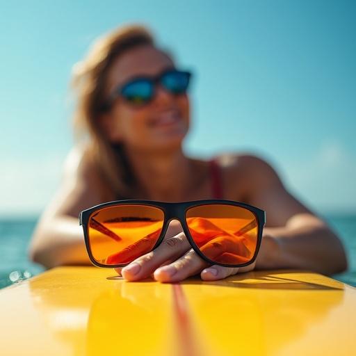 Sunglasses displayed on a surfboard against a beach backdrop. Relaxed surfer lifestyle emphasized with vibrant colors and natural lighting. Low-angle perspective creates an inviting atmosphere.