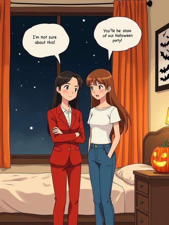 A Studio Ghibli-style illustration depicts a nighttime bedroom scene with two young women. One woman wears a red business suit showing uncertainty while the other dresses in blue jeans and a casual t-shirt smiling encouragingly. A large window reveals a starry sky. Halloween-themed decor includes bats on a poster and a glowing jack-o'-lantern. Speech bubbles convey light conversation between them.