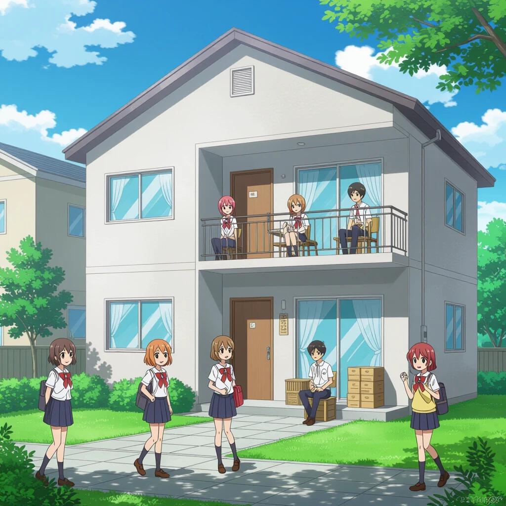 Anime-style illustration of a student house without characters. A two-story house with a porch and a yard. Bright green trees and blue skies surround the house. Features include boxes on the ground.