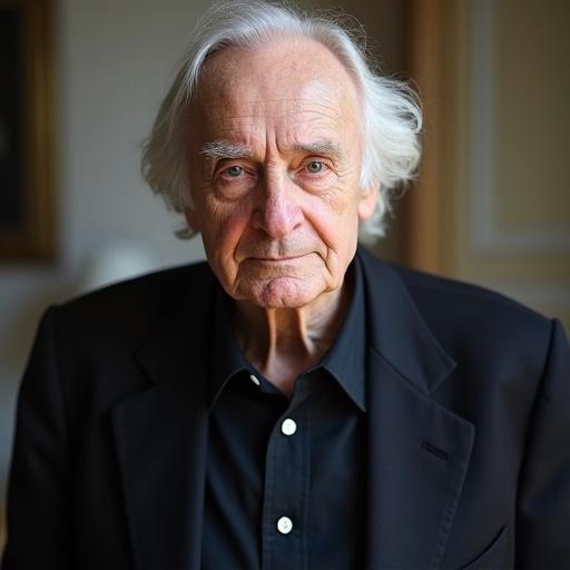 Portrait of an elderly man in formal clothing with a serious expression. Natural light illuminating the face while seated. Walls in soft focus provide background context.