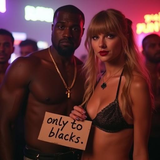 Scene set in a nightclub. Two individuals stand closely together. One man, a black rapper, and one woman with long blonde twintails. Woman wears a bikini top and miniskirt. She holds a sign.