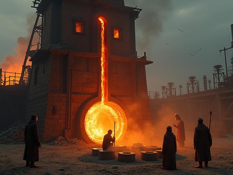 A sacred post-apocalyptic iron tapping ceremony at a tribal forge. Towering smelter furnace built from scorched bricks glows with molten light. Narrow channel opened at furnace base with glowing molten iron flowing into molds arranged in spiral. Thick black smoke rises from chimneys. Around furnace, four figures participate in ritual: High Forgelord with charred iron mask, Bellows-Keeper kneeling near tuyères, Ash-Priest sprinkling crushed bone into flames, Molten-Eye watching flow with mirror shard. Ground is scorched with offerings of tools on rusted metal altars. Ceremony takes place at dusk with shadows cast by fire glow and ashes floating in air.