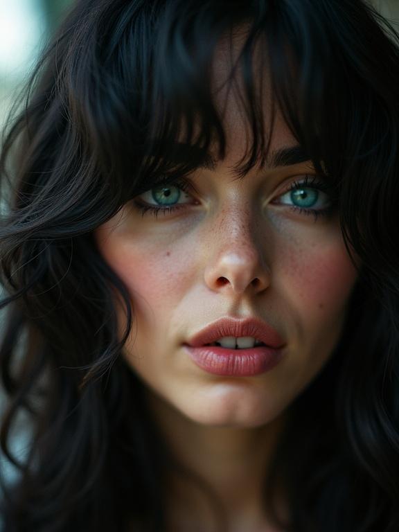 Macro bokeh photo with film grain. Portrait of a beautiful French rocker chick with layered black hair. Her hair drapes over one eye with bouncy waves. Close-up of her turquoise blue eyes and full plump lips in a shy smile. Heavy noir atmosphere with dramatic lighting and heavy makeup.