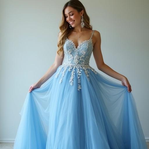 A woman wearing a blue wedding dress lifts her skirt with a flirty expression. She is smiling and the dress features intricate details. The background is soft and enhances the elegance of the scene.