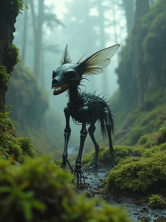 Surreal skeletal creature in a foggy forest. Moss-covered ground. Dark aesthetic with eerie atmosphere.