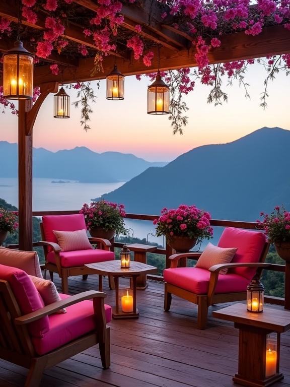 Cozy romantic terrace overlooking mountains and water. Early twilight with soft gradient sky. Bright pink cushions on wooden furniture. Amber glow from lanterns. Lush pink flowering plants adorn the space.