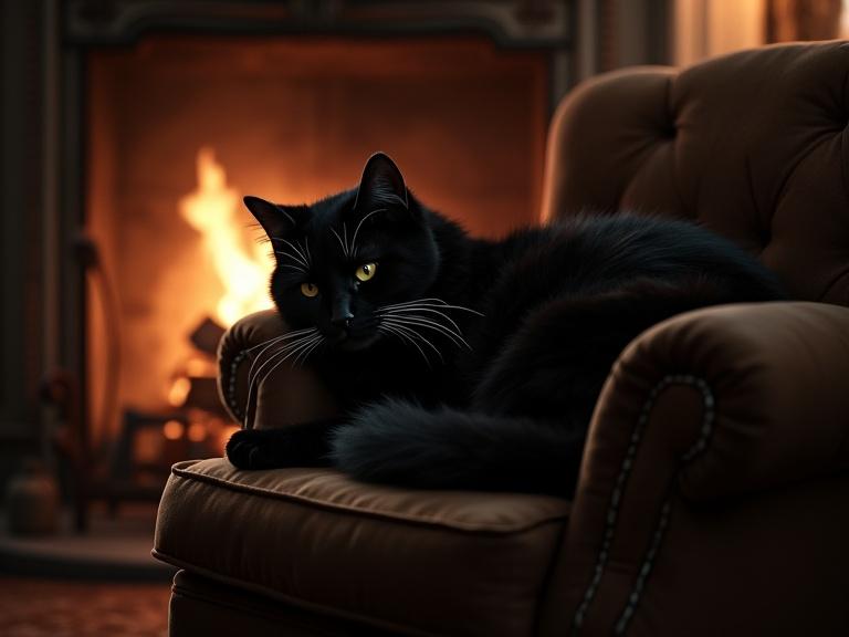 Realistic rendering of a young black humanoid cat reading a book sitting in an old armchair by the fireplace. Intimate evening atmosphere.