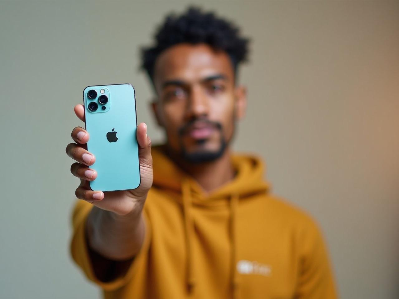 A person holds an iPhone with a blue finish, prominently displaying the device while standing out of focus in the background.