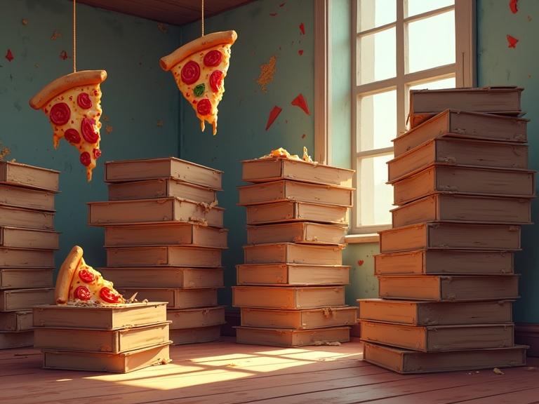 A room filled with stacks of old moldy pizza boxes. Hanging slices of moldy pizza dangle from the ceiling. Artwork in a cel-shaded painterly 3D anime style. The room appears messy with remnants of pizza.