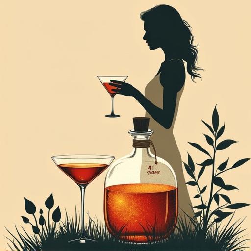 Minimalist screen printing artwork featuring a silhouette of a woman holding a cocktail glass. A shimmering apothecary bottle and two glasses are nearby. The scene is set in a simple, elegant style against a beige background.