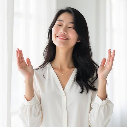 Woman in her 20s has a refreshed expression. Eyes slightly closed with a gentle smile. She has long straight black hair. Wearing a casual white blouse. Hands raised upward. Standing posture. Clean background. Soft lighting. Looking upward.