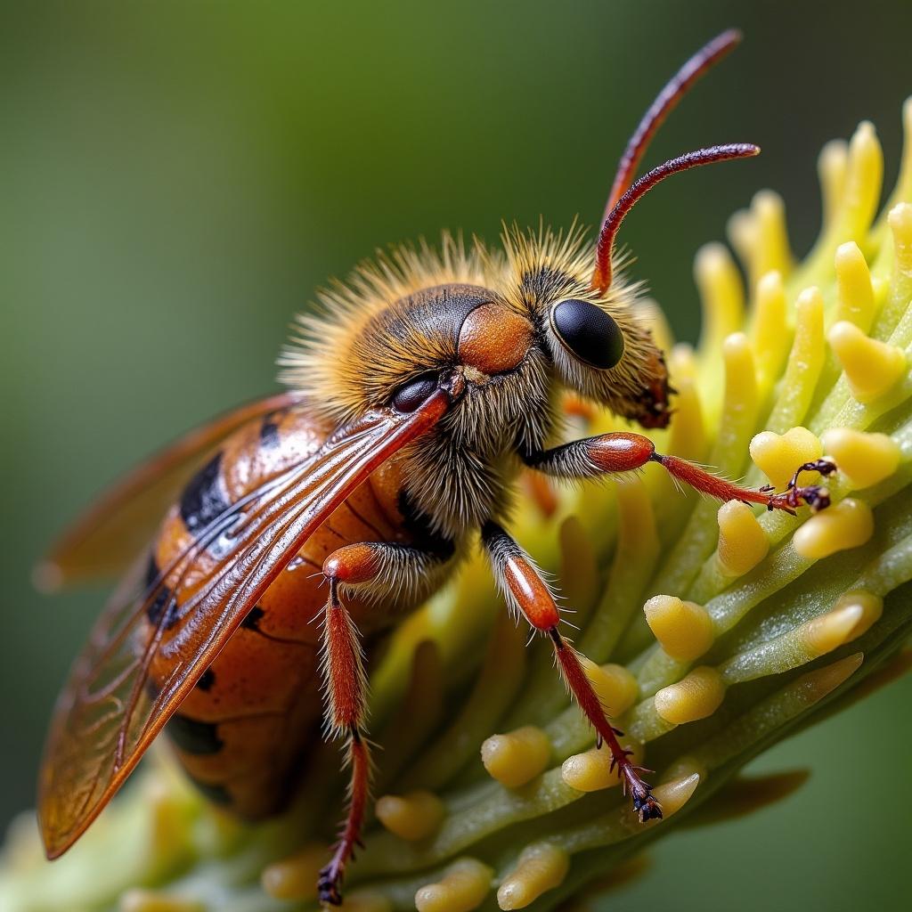 Close-up of a bee resting on a flower bud. The bee displays intricate details and color patterns. The background is blurred to highlight the bee and the flower. A macro photograph showcases the bee's features clearly.