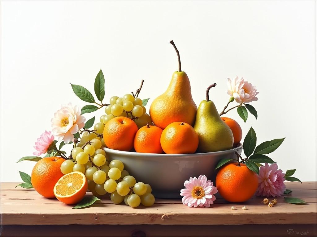 The image depicts a still life arrangement of fruits in a bowl. The bowl contains bright oranges, luscious pears, and fresh green grapes. Surrounding the bowl are delicate pink flowers, adding a touch of color to the scene. The fruits are displayed on a wooden surface, enhancing the rustic feel. Soft, natural light illuminates the arrangement, creating an inviting and appetizing display.